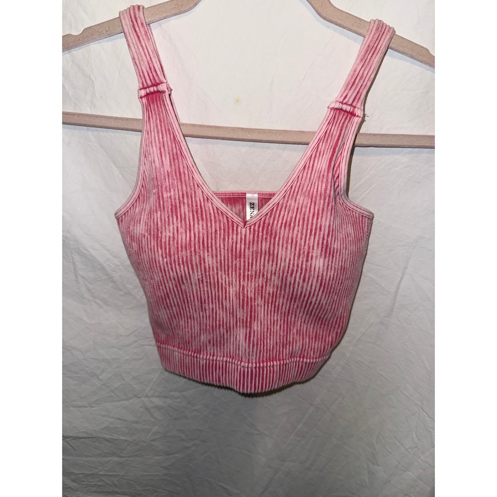Zenana Pink Mineral Wash Ribbed V-Neck Crop Top Tank L/XL Acid Wash Seamless